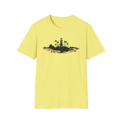 Minimalistic Silhouette Lighthouse, Island, Palms and Florals T-Shirt