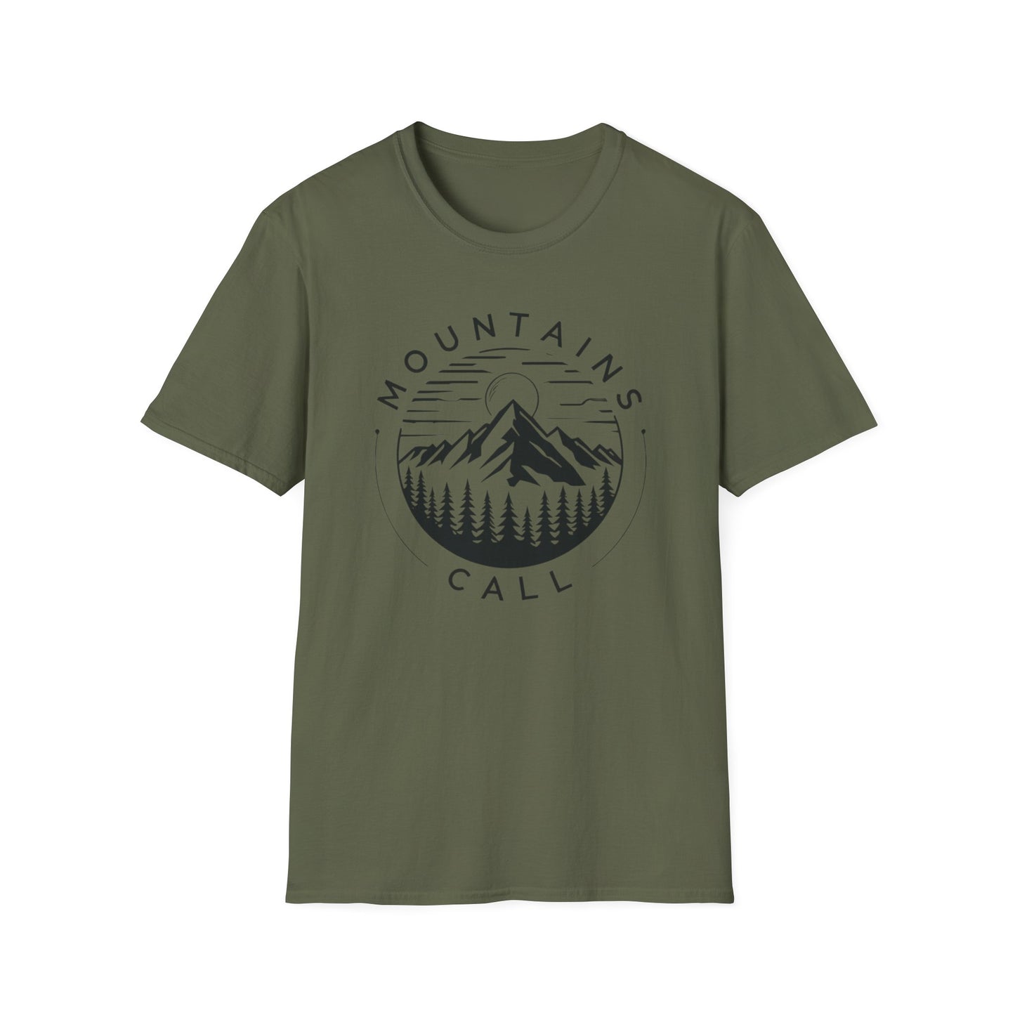 Mountains Call T-Shirt – Circular Nature Scene with Mountains, Trees & Sun Design