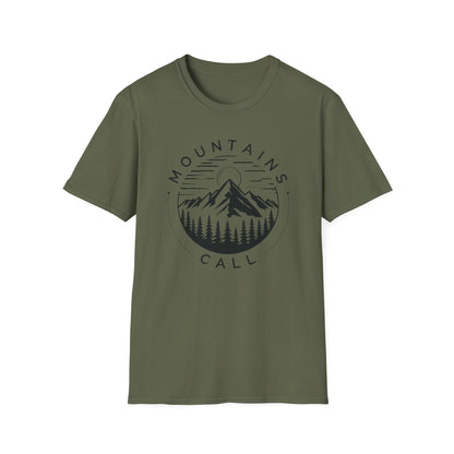 Mountains Call T-Shirt – Circular Nature Scene with Mountains, Trees & Sun Design