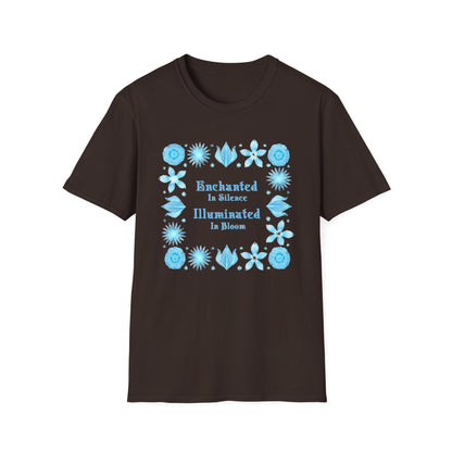 Enchanted in Silence, Illuminated in Bloom T-Shirt -Glowing Blue Floral Frame