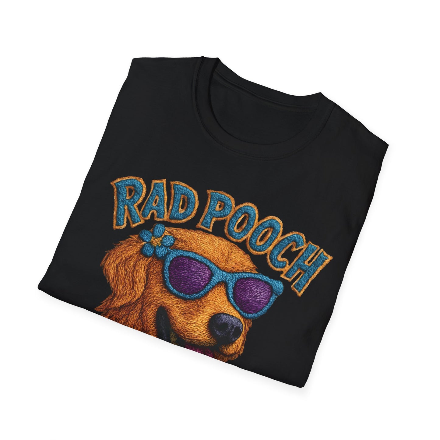Rad Pooch – Embroidery-Like Style Cartoon Golden Retriever Dog With Floral T-Shirt