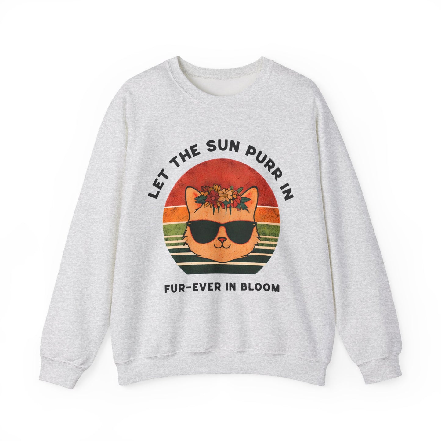 Let the Sun Purr In - Playful Vintage Sunset And A Cat in Sunglasses and Floral Crown Sweatshirt
