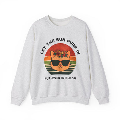 Let the Sun Purr In - Playful Vintage Sunset And A Cat in Sunglasses and Floral Crown Sweatshirt