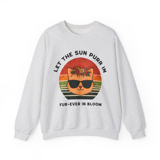 Let the Sun Purr In - Playful Vintage Sunset And A Cat in Sunglasses and Floral Crown Sweatshirt