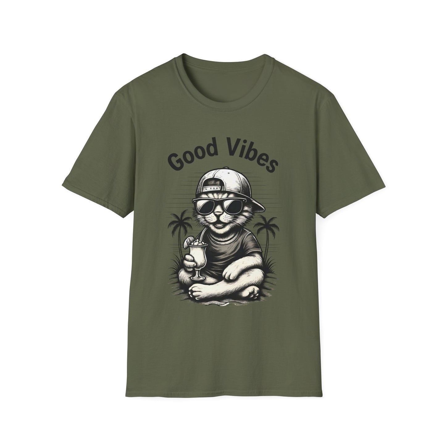 Good Vibes T-Shirt -  Cool Cat Relaxing with Tropical Drink Design