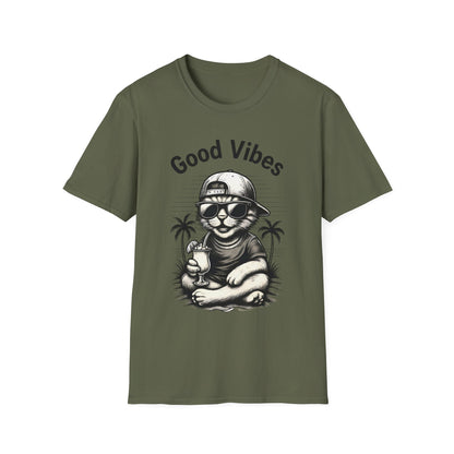 Good Vibes T-Shirt -  Cool Cat Relaxing with Tropical Drink Design