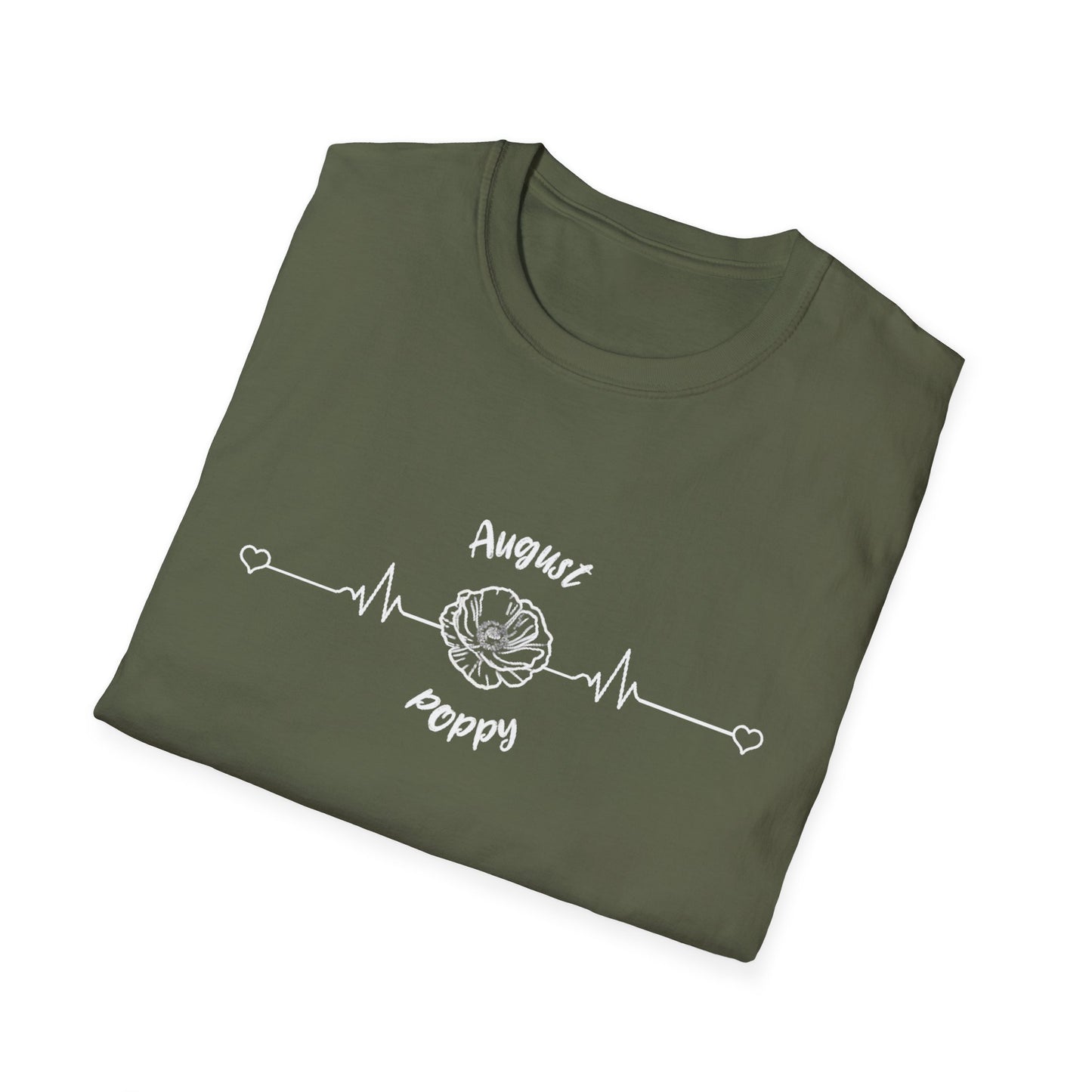 August Poppy T-Shirt -  Minimalistic Birthday Flower with Heartbeat Design