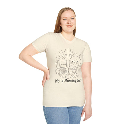 Not A Morning Cat Still Booting T-Shirt -  Sleepy Cartoon Cat in Robe with Coffee Mug and A Computer In the Morning  Design