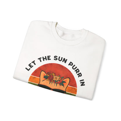 Let the Sun Purr In - Playful Vintage Sunset And A Cat in Sunglasses and Floral Crown Sweatshirt