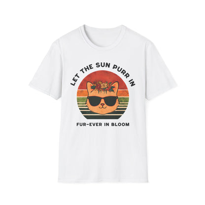 Let the Sun Purr In - Playful Vintage Sunset And A Cat in Sunglasses and Floral Crown T-Shirt