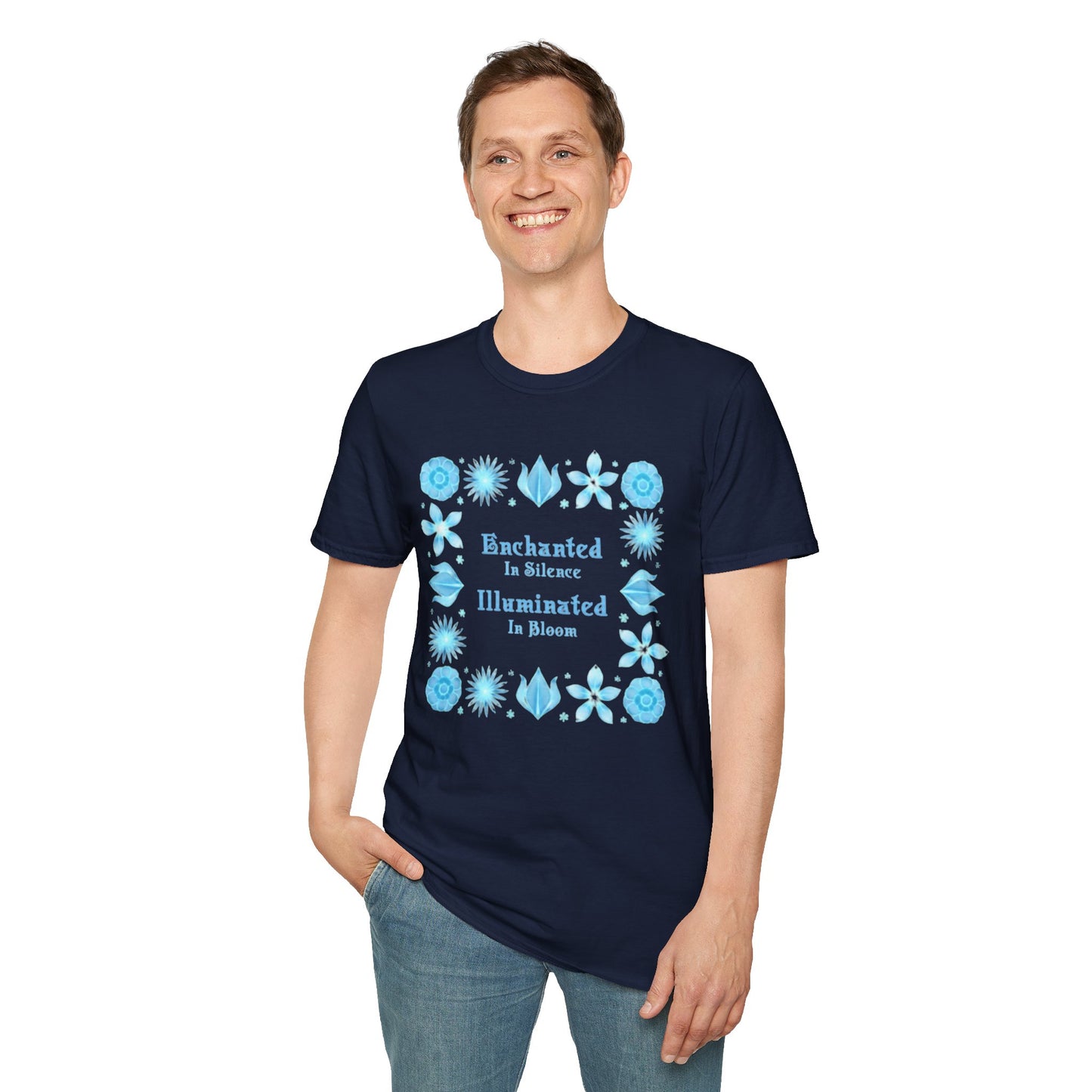 Enchanted in Silence, Illuminated in Bloom T-Shirt -Glowing Blue Floral Frame